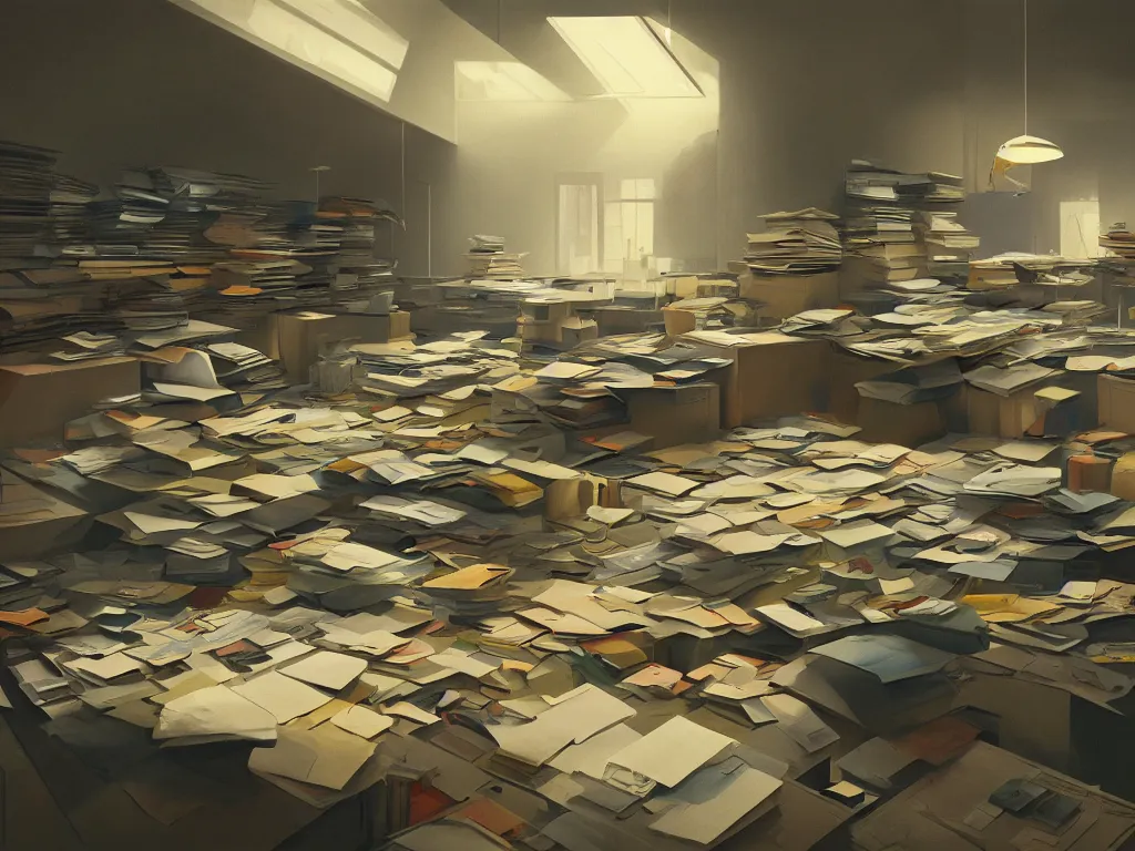 Prompt: a a huge room with large stacks of paper and files in a painting from stalenhag, 4 k, 8 k, hdr, artstation, concept art