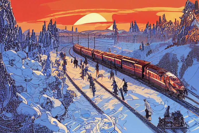 Image similar to trans - siberian express train illustration by joe fenton and syd mead and p. craig russell and barry windsor - smith, artstation, 4 k, graphic novel, concept art, matte painting, beautiful russian winter landscape sunset background, golden hour, art nouveau