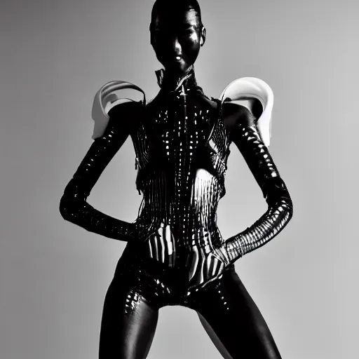 Image similar to black and white fashion photography of an extraterrestrial model, with 4 arms, wearing demobaza fashion, inside berghain, berlin fashion, harness, futuristic fashion, dark minimal outfit, photo 3 5 mm leica, hyperdetail, berghain, 8 k, very detailed, photo by nick knight