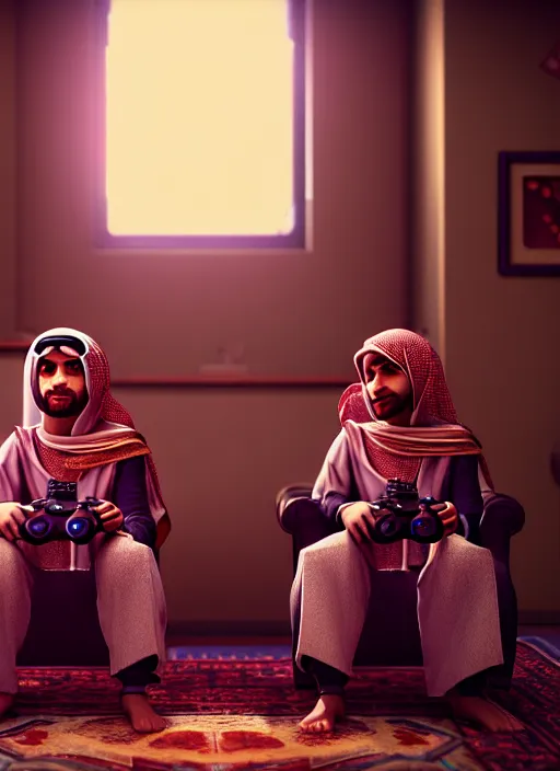 Image similar to portrait, twins playing video games, togther sheik mohammad ruler of dubai, controller, hyperdetailed illustration by irakli nadar and alexandre ferra, unreal engine 5 highly rendered, detailed and intricate environment