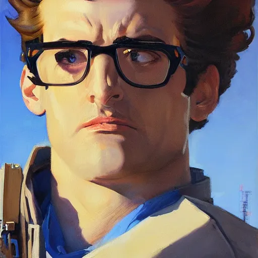 Image similar to greg manchess portrait painting of armored dr. egon spengler as overwatch character, medium shot, asymmetrical, profile picture, organic painting, sunny day, matte painting, bold shapes, hard edges, street art, trending on artstation, by huang guangjian and gil elvgren and sachin teng