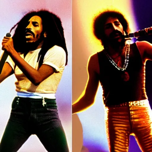 Prompt: bob marley and freddie mercury from queen performing at coachella, color photos, live concert