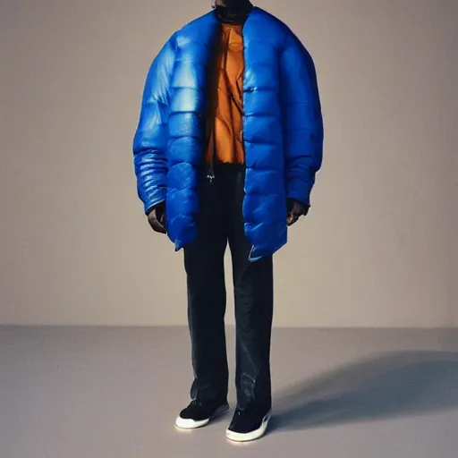 Image similar to realistic photoshooting for a new balenciaga!!! lookbook, color film photography, photo of a woman, model wears a inflated jacket, photo in style of tyler mitchell, 3 5 mm