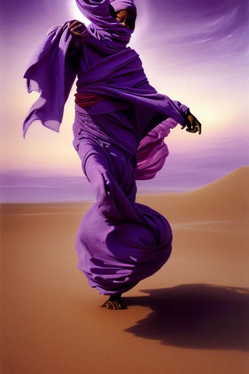 Image similar to full lenght flowing twisted clothes like tornado a old tuareg woman, many fabric, stones near foot, wind, stands on sand, full body shot, dark background, pastel purple colour scheme, jellyfish phoenix, highly detailed. by caravaggio, greg rutkowski