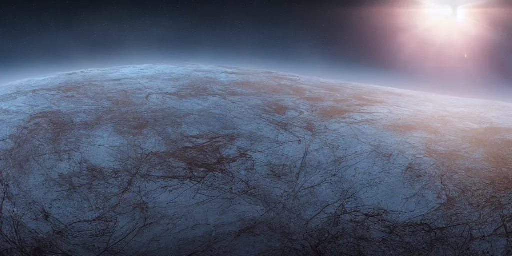 Prompt: Sunrise on Europa, cinematic lighting, wide angle landscape photography, hyperrealistic, 8k