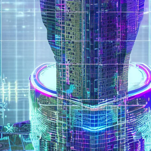 Prompt: Human studying three-dimensional hologram representation of base architecture in cyberpunk city