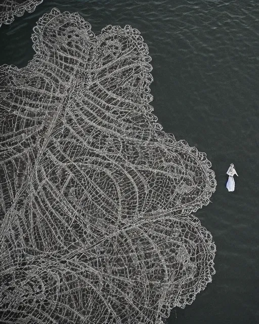 Image similar to a woman standing at the shore, made of intricate decorative lace leaf skeleton, shot from a drone, in the style of the dutch masters and gregory crewdson, dark and moody