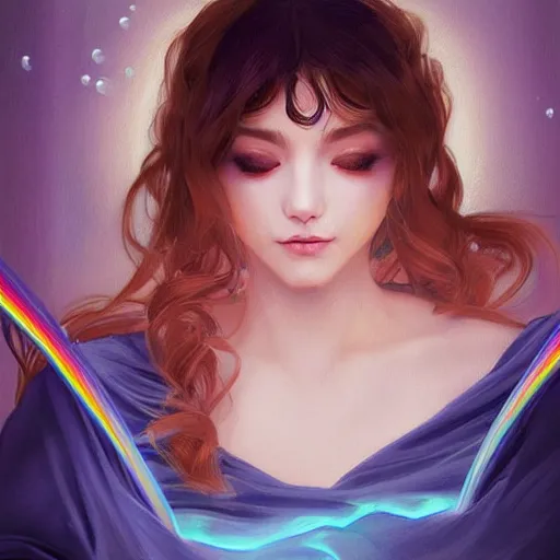 Image similar to dream portrait of a cat wizard wearing blue robes, dreamy and ethereal, expressive pose, big pink eyes, exciting expression, fantasy, intricate, elegant, many rainbow bubbles, rose tones, highly detailed, digital painting, artstation, concept art,cyberpunk wearing, smooth, sharp focus, illustration, art by artgerm and greg rutkowskiand alphonse mucha,Salvador Dali.