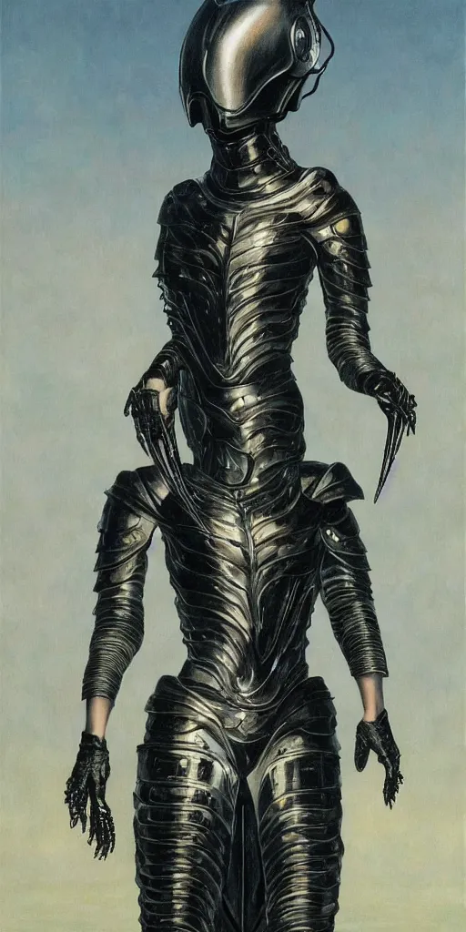 Image similar to full body portrait of beautiful gothic and futuristic fashion model, open space armour, cyber armour, highly detailed, artstation, illustration, composition, 8 k quality, art by jean delville, rene magritte, hyperrealism oil painting