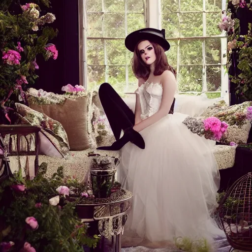 Image similar to wearing raybands full body fashion model emma watson smokey eyes makeup eye shadow fantasy, glow, shimmer as victorian woman in a long white frilly lace dress and a large white hat having tea in a sunroom filled with flowers, roses and lush fern flowers ,intricate, night, highly detailed, dramatic lighting , high quality