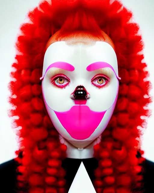 Prompt: symmetrical close - up portrait of a woman wearing a pink silicone beauty mask and red hair rolls, wearing a red bodysuit by alexander mcqueen, cream white background, biotechnology, humanoide robot, bjork aesthetic, translucent, by rineke dijkstra, masterpiece,