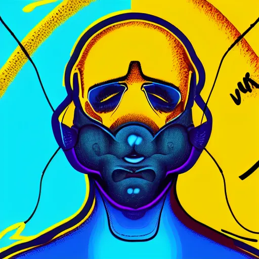 Image similar to human man that resembles a wasp morh in surreal sketch style, blue and yellow gradient, noise, ultrafine detail, hd 8k, logo illustration