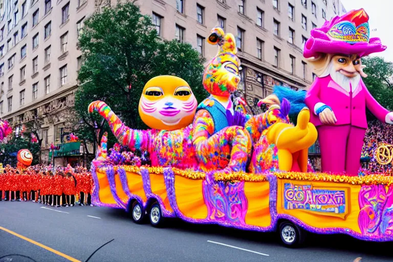 Image similar to photo of giant beautiful elaborate parade float character designed by ( ( ( ( ( ( ( ( lisa frank ) ) ) ) ) ) ) ) and wes anderson!!!!!!!!!!!!!!, in the macys parade, detailed 4 k photo,