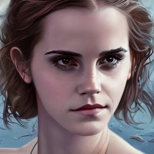 Image similar to portrait of emma watson in the style of gerald brom and mark brooks, cinematic lighting, epic, romantic, 8 k, detailed, coherent, beautiful