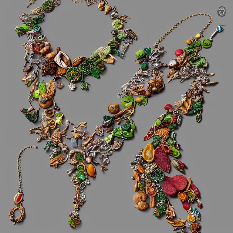 Image similar to necklace made from food, jewelry made from food, detailed, high quality, detailed, high quality, 8 k resolution, trending on artstation