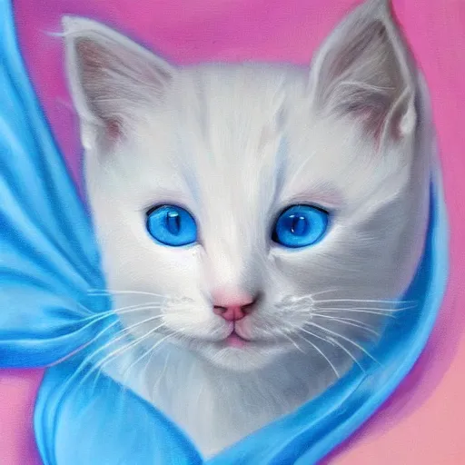 Prompt: painting of cute white kitten with blue eyes