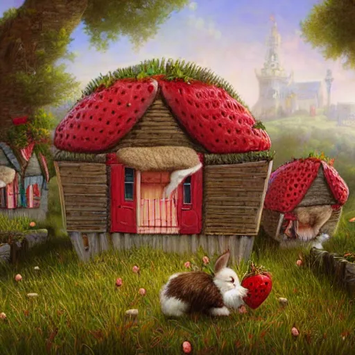 Prompt: fluffy bunnies playing outside their strawberry houses, lowbrow, matte painting, 3 - d highly detailed, style of greg simkins
