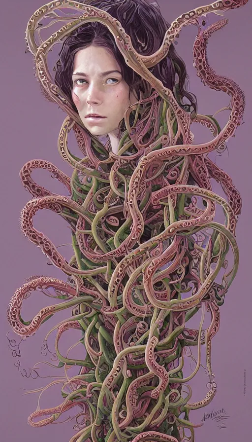 Prompt: very detailed portrait of a 2 0 years old girl surrounded by tentacles, the youg woman visage is blooming from fractal and vines, by ian mcque