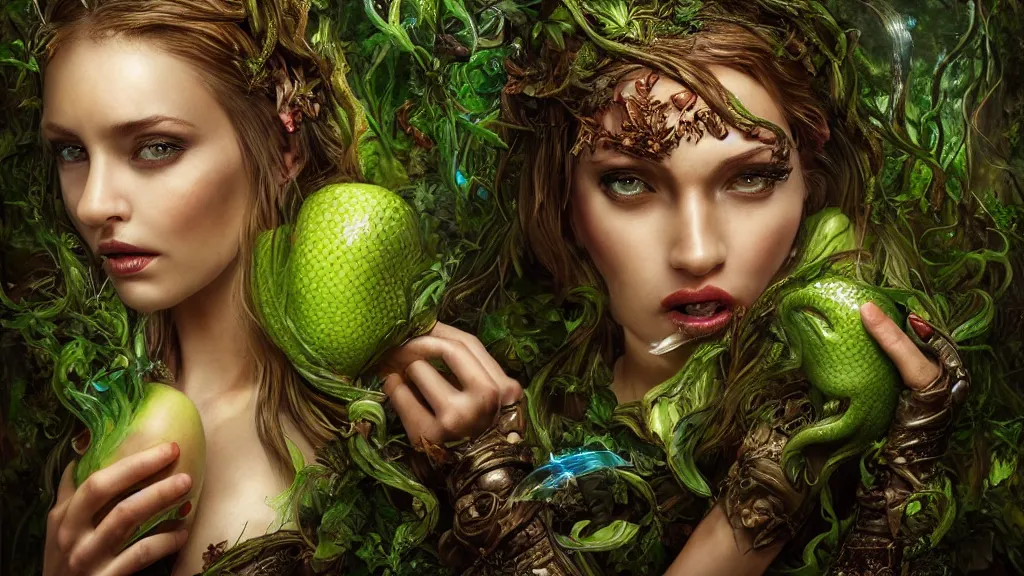 Image similar to portrait high definition photograph beautiful woman with a snake tongue licking an apple fantasy character art, hyper realistic, pretty face, hyperrealism, iridescence water elemental, snake skin armor forest dryad, woody foliage, 8 k dop dof hdr fantasy character art, by aleski briclot and alexander'hollllow'fedosav and laura zalenga