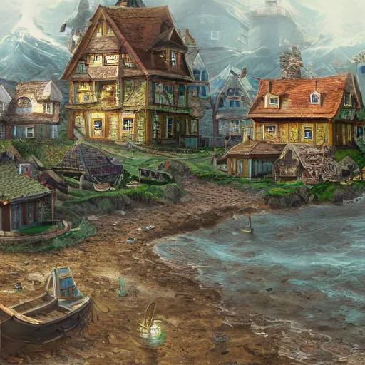 Prompt: a seaside village, detailed, fantasy style, trending on artstation