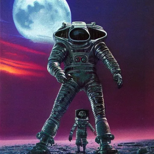 Image similar to crusader standing on the moon, vintage sci - fi art, by bruce pennington