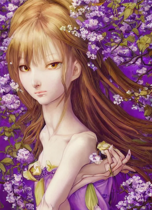 Image similar to elf girl, flower suit, soft hair. light color palate, purple, yellow and white. detailed soft painting, ayami kojima, made in abyss, anatomically correct, ilya kuvshinov, inspired in balthus, high detailed face anime, vogue magazine, glorious composition, mobile wallpaper