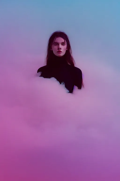 Image similar to high quality pastel coloured film close up wide angle photograph of a model wearing clothing resting on cloud furniture in a icelandic black rock!! environment in a partially haze filled dreamstate world. three point light, rainbow. photographic production. art directed. pastel colours. volumetric clouds. pastel gradient overlay. waves glitch artefacts. extreme facial clarity. 8 k. filmic.