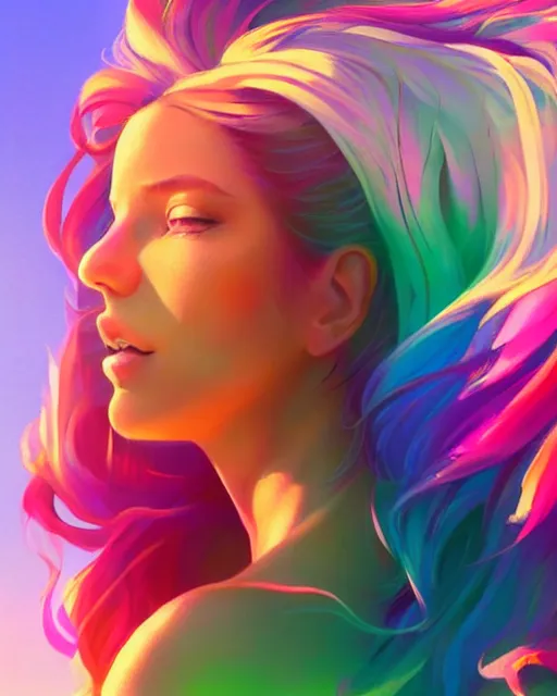 Image similar to summer vibes, beautiful sun tanned goddess portrait, flowy rainbow hair, sun, summer, cinematic lighting, highly detailed, digital painting, trending on artstation, pixiv, concept art, sharp focus, illustration, art by ross tran and wlop