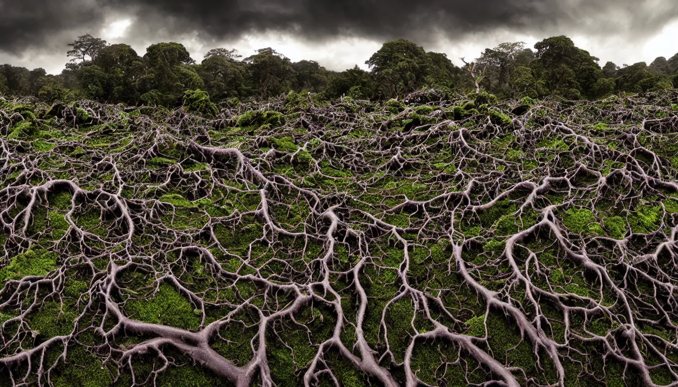 Prompt: Hundreds of humans , emerging hands and beautiful women’s and men screaming laughing and crying face , inside huge dark wet mycelium biodiversity all round , dramatic dusk illuminate detailed entangled fibres carpet the fallen rocks , tree roots puncture and crack rocks , stormy clouds gather in the distance , full colour , upscale , 8k