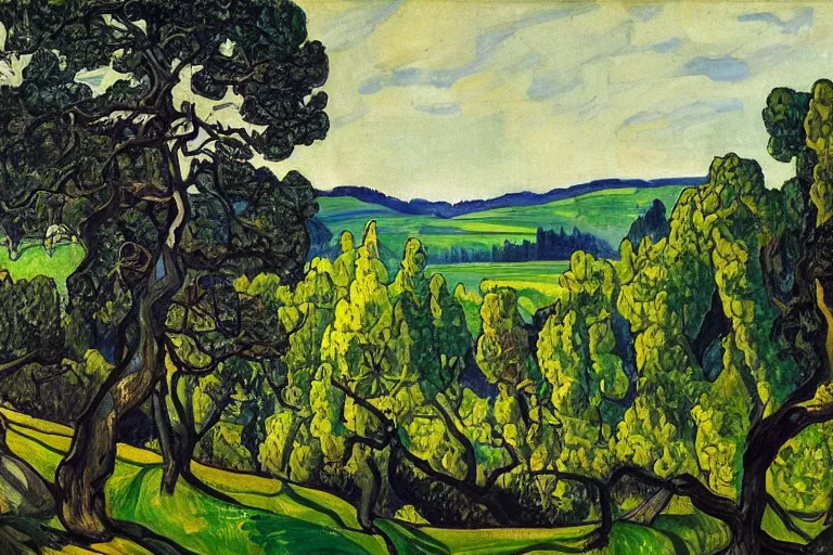 Image similar to masterpiece painting of oak trees on a hillside overlooking a creek, dramatic lighting, by arthur lismer