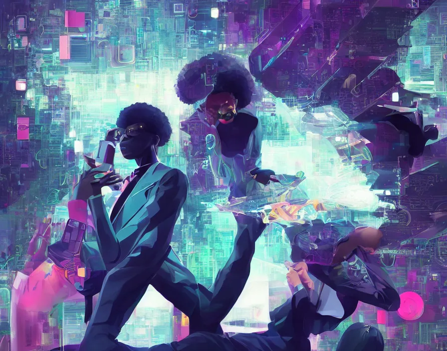 Image similar to afro - afrofuturism - futuristic philanthropists, business attire and money, cryto currency, hacking the financial multiverse | hyperrealistic digital art | by makoto shinkai, ilya kuvshinov, lois van baarle, rossdraws | afrofuturism, in the style of black is beltza, trending on artstation | dark color scheme