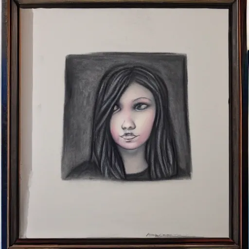 Image similar to a girl with a spider, charcoal on paper, bright pastel colors