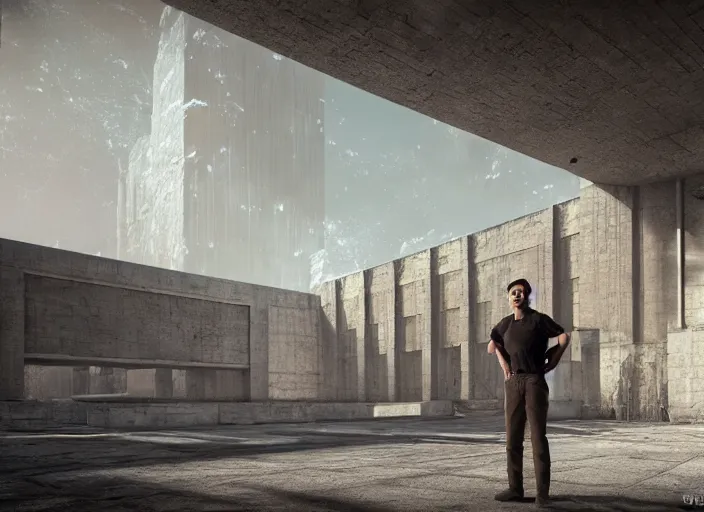 Prompt: a man standing in a brutalist soviet temple, a detailed matte painting by senior environment artist, cgsociety, fantasy art, reimagined by industrial light and magic, unreal engine 5, matte painting