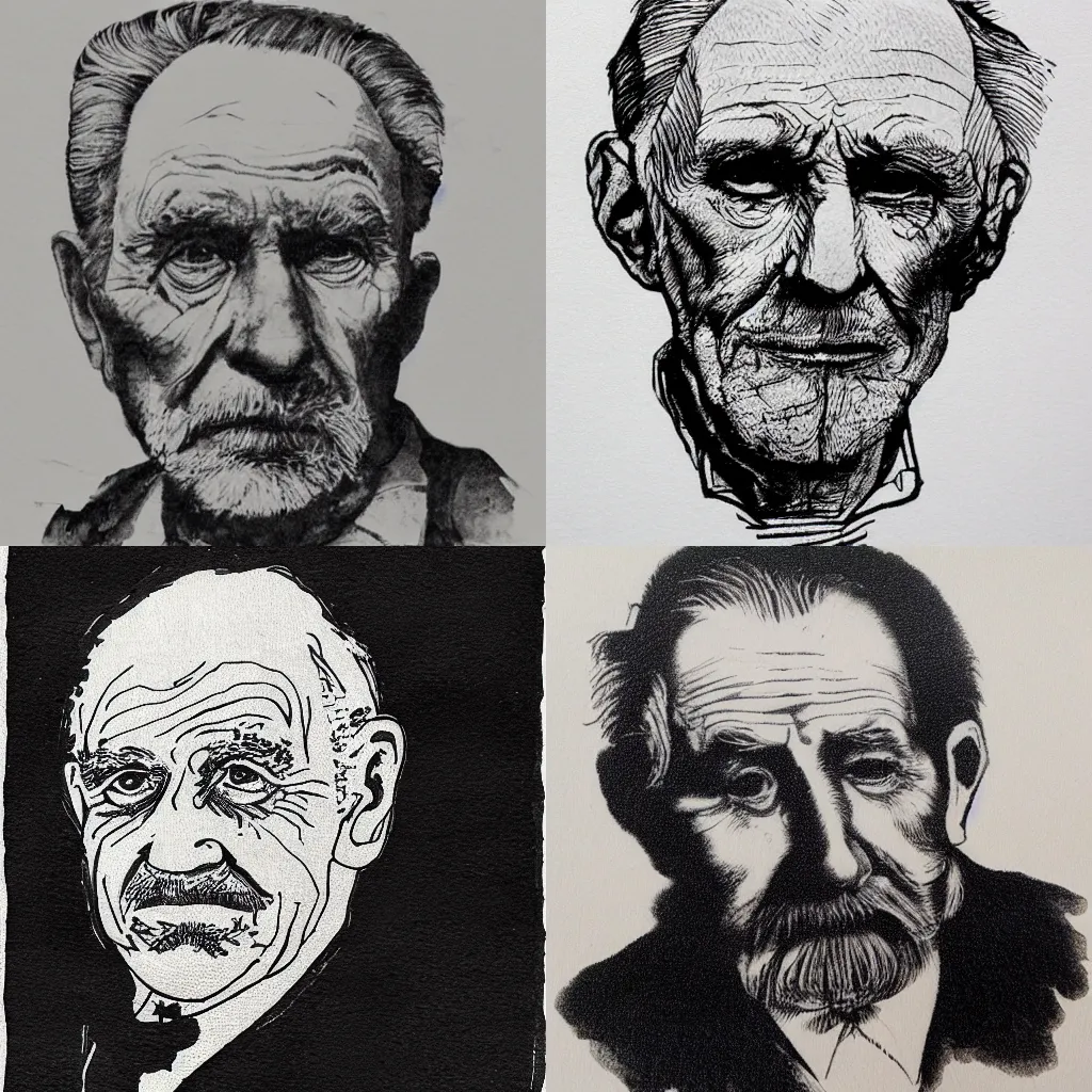 Prompt: ink portrait of an old man, stipples