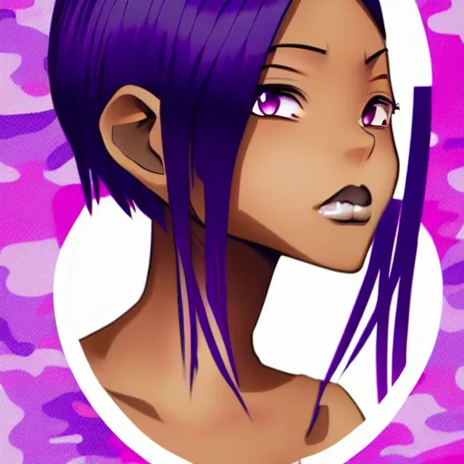 Prompt: black anime manga girl, wearing camo, white french bob, purple colored eyes