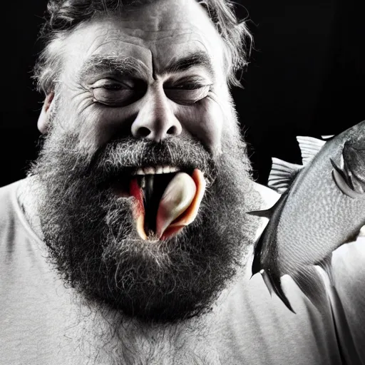 Image similar to close up shot of brian blessed swallowing a fish whole. photography, photographic