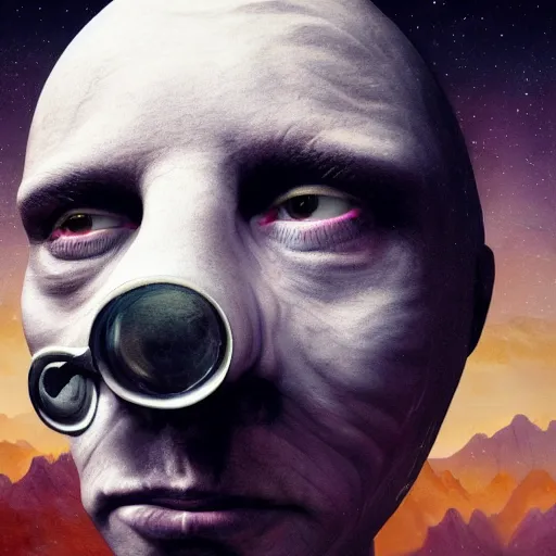 Image similar to full face close up portrait, sandman god of dreams wearing a plague - doctor mask, deliver me cosmic sight, by igor morski, by laurie lipton, in the valley of the damned background, cinematic lighting, volumetric lighting, neosurrealism, realistic shadows, particle effects, rendered in octane, psychedelic, cosmic, fantasy