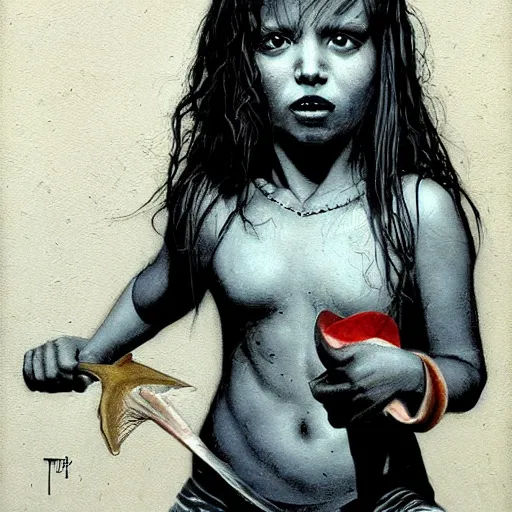Prompt: kid girl with shark teeth, painting by tim bradstreet and michael whelan