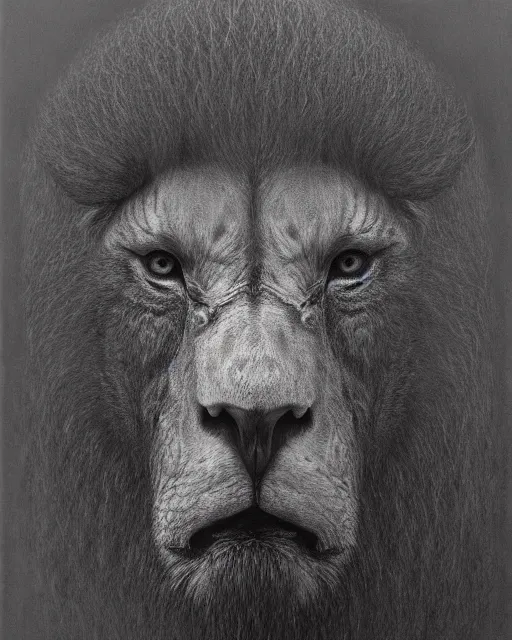 Image similar to face of an eagle, face of an lion, face of an ox, face of an human, on one creature. drawn by zdzislav beksinski