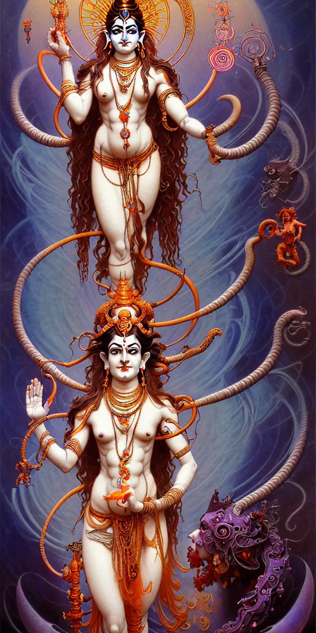 Image similar to beautiful hindu god mahadev shiv art nouveau fantasy character portrait, ultra realistic, intricate details, the fifth element artifacts, highly detailed by peter mohrbacher, hajime sorayama, wayne barlowe, boris vallejo, aaron horkey, gaston bussiere, craig mullins alphonse mucha, arty nouveau curves and spirals,