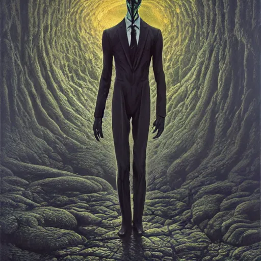 Image similar to photorealistic eldritch alien slenderman in the style of michael whelan and gustave dore. by greg rutkowski. hyperdetailed photorealism, 1 0 8 megapixels, amazing depth, high resolution, 3 d shading, 3 d finalrender, 3 d cinematic lighting, psychedelic overtones, artstation concept art.