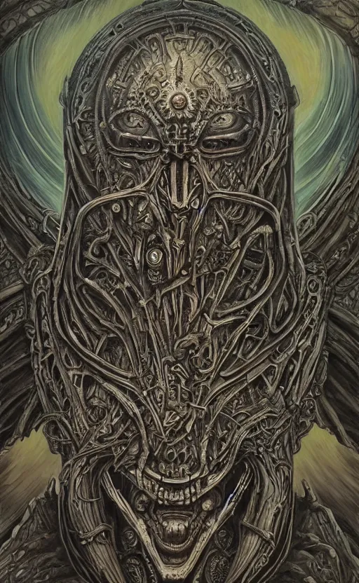 Image similar to H.R. Giger and Elden Ring themed painting of ancient hybrid majestic aztec warrioor fantasy biomechanical human beautiful angel symmetrical face angry mask closeup face mask tattoo pattern golden ratio concept, deep forest psytrance Neo-Gothic concept, infinity glyph waves, intricate artwork masterpiece, very coherent artwork, cinematic, full frontal facial features by Artgerm, Takato Yamamoto, Zdizslaw Beksinski, Johnatan Wayshak, Moebius, Ayami Kojima, very coherent artwork, trending on cgsociety, ultra high quality model, production quality cinema model, high detail chromatic ink outline, octane render, unreal engine 8k, hyper realism, high detail, octane render, unreal engine, 8k, High contrast