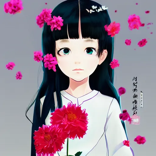 Image similar to chinese little girl with flowers in hair wearing an white dress. art by ilya kuvshinov, profile picture, inspired in hirohiko araki, realistic, highly detailed, 8 0 s anime art style