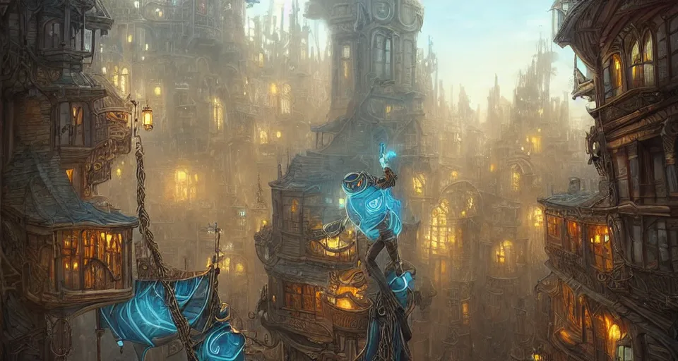 Image similar to landscape painting of fantasy metal steampunk city that has a light blue glow with walkways and lit windows and a fine detailed hooded thief in browns leathers climbing one of the tall buildings using a rope, fine details, magali villeneuve, artgerm, rutkowski