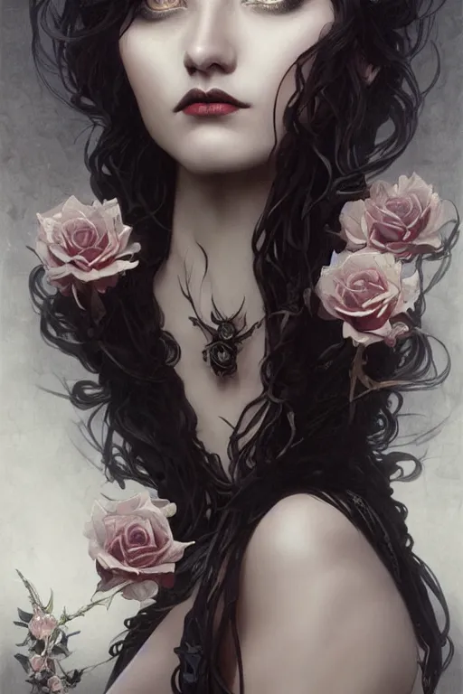 Prompt: beautiful gothic female with black roses surrounding her, Black Hair, intricate, elegant, highly detailed, digital painting, artstation, concept art, smooth, sharp, focus, illustration, art by artgerm and greg rutkowski and alphonse mucha and Ray Caesar and Benjamin Lacombe