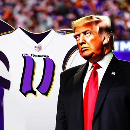 Image similar to Donald Trump wearing a Baltimore Ravens jersey, ultra realistic, 8k