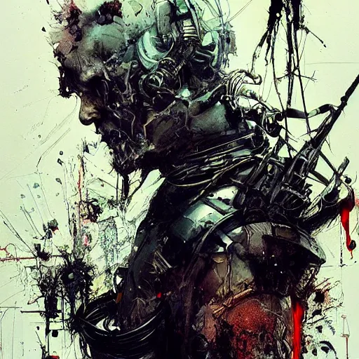 Image similar to cybernetic hunter, cyberpunk, wires, skulls, machines by emil melmoth zdzislaw belsinki craig mullins yoji shinkawa realistic render ominous detailed photo atmospheric by jeremy mann francis bacon and agnes cecile ink drips paint smears digital glitches glitchart