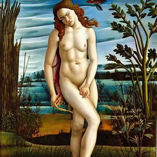 Prompt: sandro botticelli painting of daisy ridley as venus in a lush pond