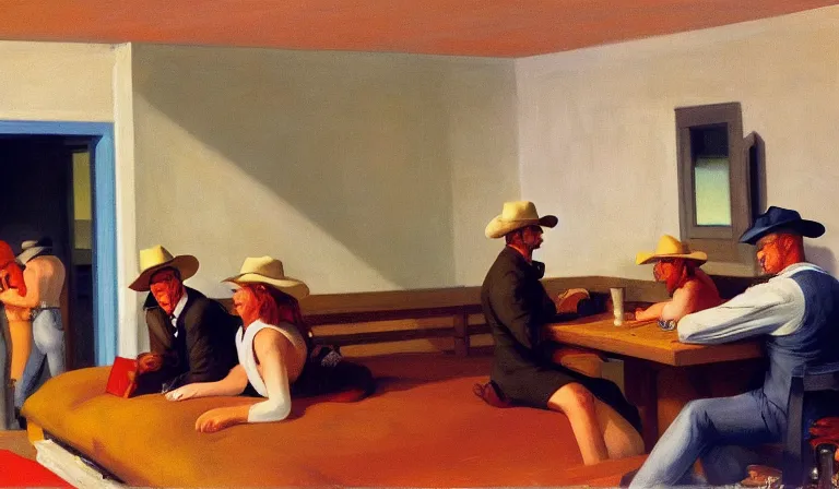 Image similar to Bodacious cowboys such as your friends will never be welcome here high in the clusterdome, by Edward Hopper