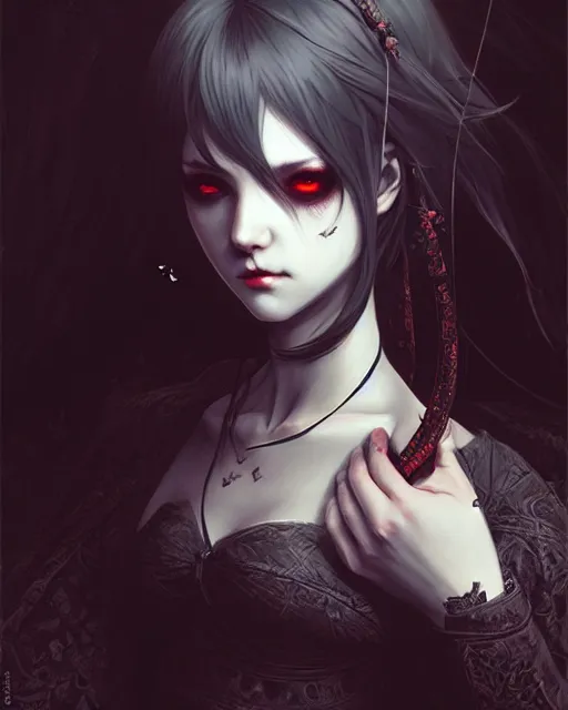 Image similar to dark vampire, character portrait, concept art, intricate details, highly detailed by ilya kuvshinov and gustave dore, wenjun lin,